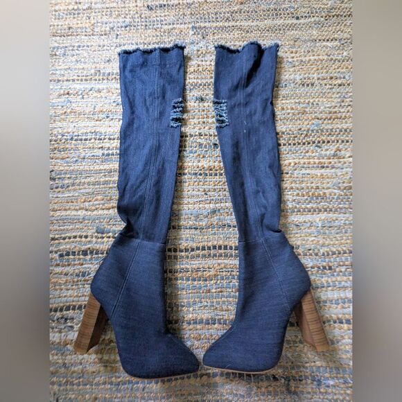 Denim Over The Knee Boots 9 Pointed Toe Distressed Tall Heels Y2K Wood Block Hee - Picture 9 of 10